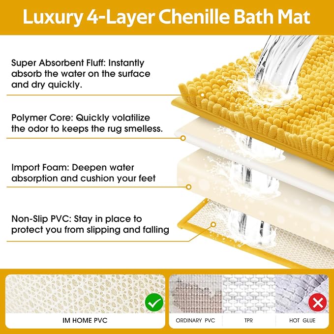 ACCUMTEK Striped Yellow Bathroom Rug Set 3 Pieces Ultra Soft, Non Slip Chenille Toilet Mat, Absorbent Plush Shaggy Bath Mats for Bathroom, Bedroom, Kitchen