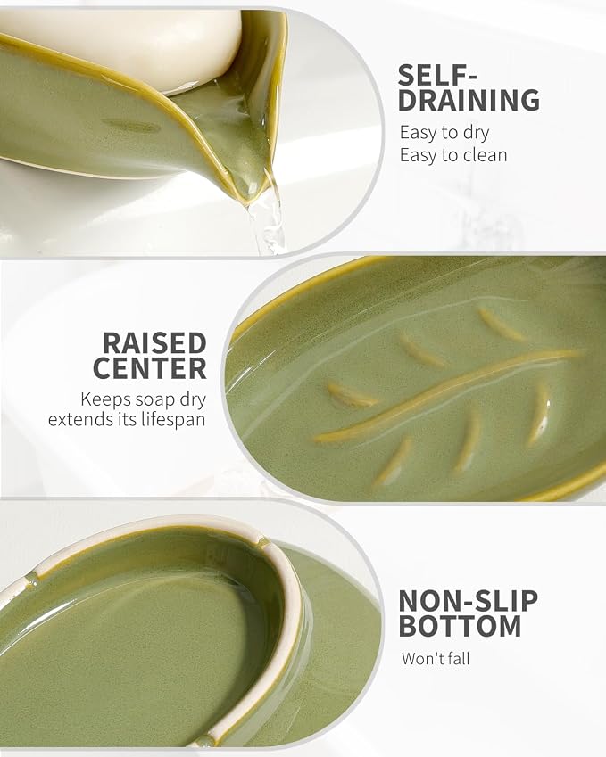 Soap Holder, Self-Draining Soap Dish, Leaf Shape Ceramic Bar Soap Holder Drain Soap Dishes for Bathroom Sink Kitchen, Easy to Clean Keeps Soap Dry, Olive Green, ANTIS'S HOME