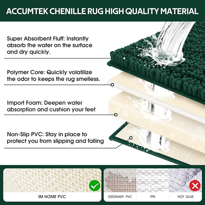 ACCUMTEK Upgrade Luxury 2 Piece Deep Green Toilet Bathroom Rug Mat 32"x20"+24"x17", Ultra Soft Thick Absorbent Bath Mats, Non Slip Chenille Toilet Mat for Bathroom, Bedroom, Kitchen, Shower, Tub