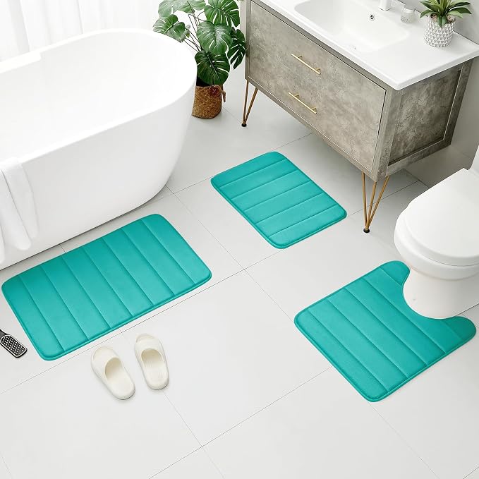 BYSURE Light Teal Memory Foam Bathroom Rug Set 3 Piece | Non Slip Extra Soft Absorbent Machine Washable Toilet Bath Toilet Mat 17"x24"+20"x32"+U Shape 20"x24"