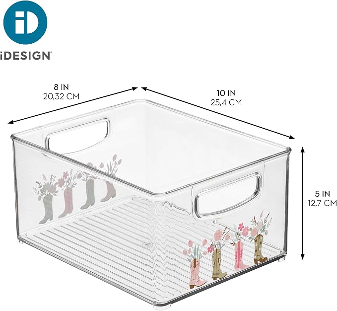 iDesign Bathroom Organizer Bin, Clear/Western | Decorative Print, Stackable, Plastic Storage Basket, For Makeup & Vanity Organization