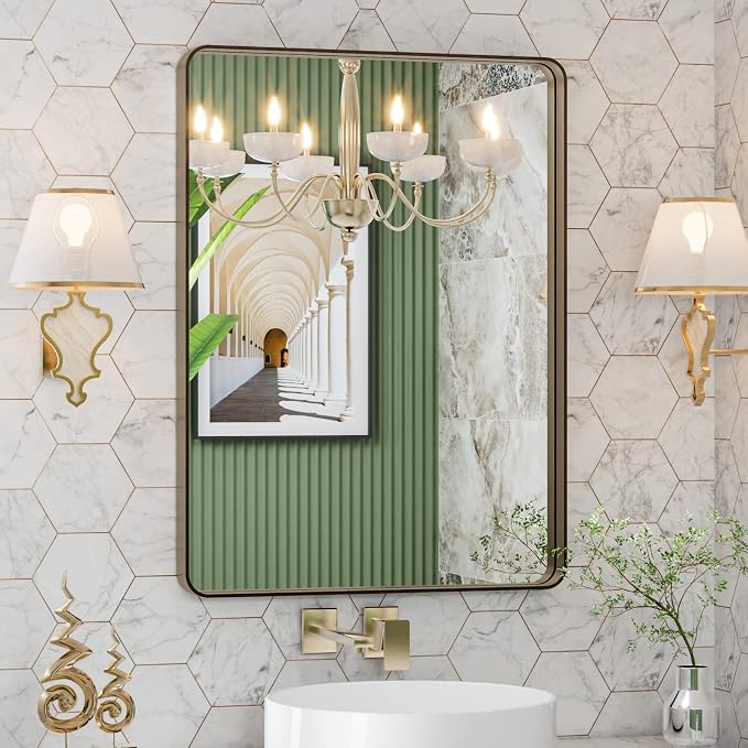 LOAAO 22”X30” Bronze Bathroom Mirrors for Vanity, Rounded Rectangle Brushed Bronze Metal Frame Mirror, Anti-Rust, Hangs Horizontally or Vertically | Rounded Rectangle, Brushed Bronze Metal Frame, Anti-Rust, Hangs Horizontally or Vertically