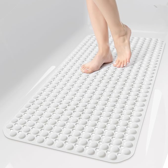 OTHWAY Bath Tub Shower Mat Non Slip, Bathtub Floor Liner Mats for Inside Shower Bathroom, Suction Cups and Drain Holes for Feet Scrubbing, Machine Washable, Soft on Feet, 35x16 Inch, White