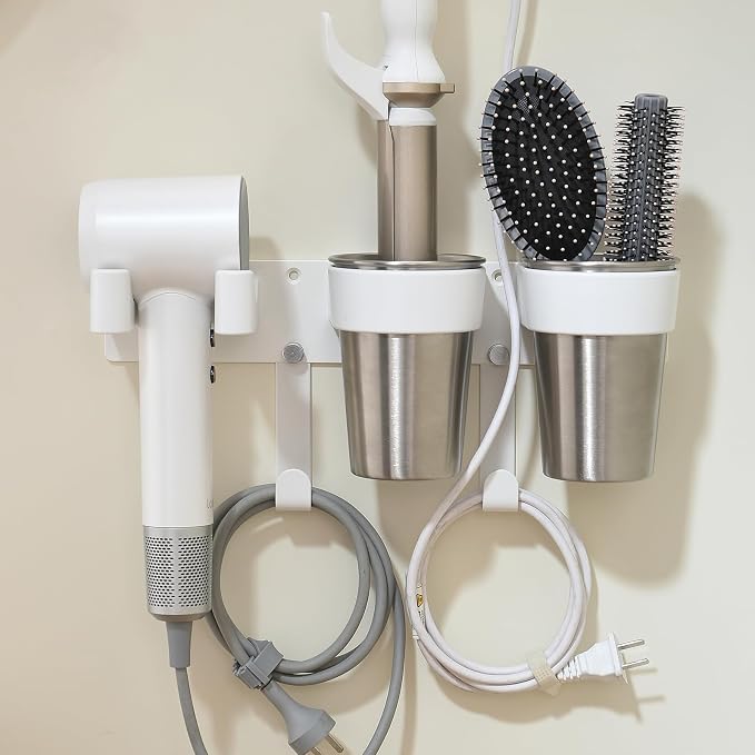 3-in-1 Hair Tool Organzier Wall Mount, Adhesive/Screw Mounting | Hair Dryer Storage Curling Iron & Straightener Holder with Cord Hooks, Vanity Bathroom Organizer, White & Stainless Steel