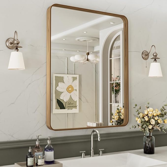 LOAAO 20X30 Inch Bathroom Mirror with Wood Grain Colored Metal Frame | Rounded Rectangle Metal Framed, Anti-Rust, Hangs Horizontally or Vertically, Tempered Glass