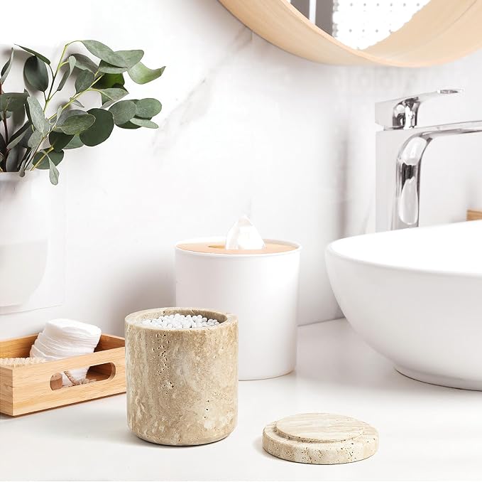 Travertine Qtip Holder Dispenser with Lid for Cotton Swabs,Balls,Pads,Floss Picks Large Capacity Marble Apothecary Jar for Bathroom Essentials Decor, Vanity Makeup Storage Organizer Beige(WH050)