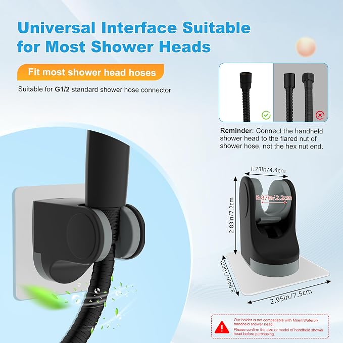 Hibbent 2 Pack Shower Head Holder - Strong Adhesive Wall Mount, Height Adjustable, No Drilling - Matte Black