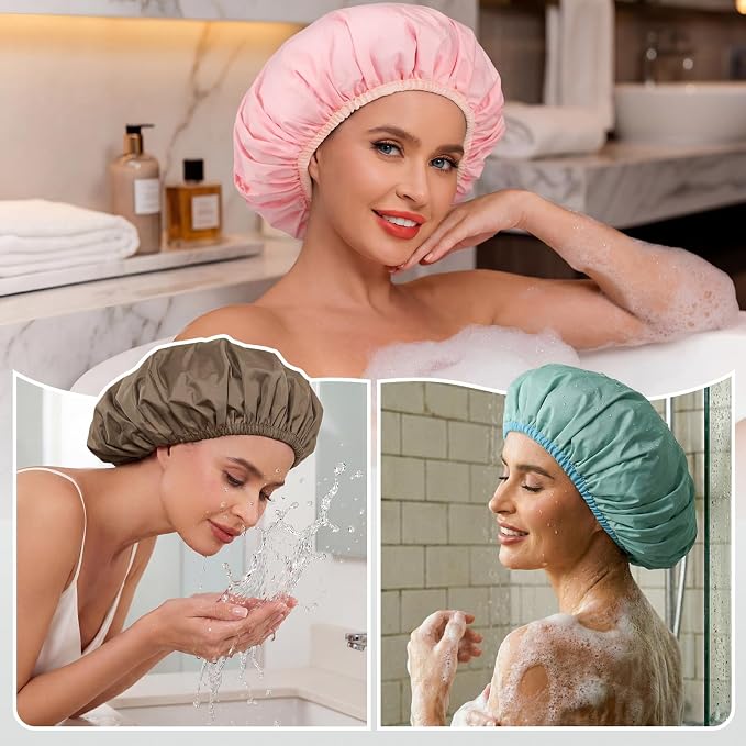 3Pcs Shower Cap for Women Reusable Waterproof, Bath Cap for Long Hair, Comfortable Showers Cap for Thick Curly Hair