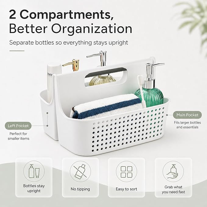 Haundry Portable Shower Caddy Basket, 2 Compartments Plastic Cleaning Caddy Organizer, Large Storage Tote with Handle for Bathroom, College, Dorm Room Essentials, White
