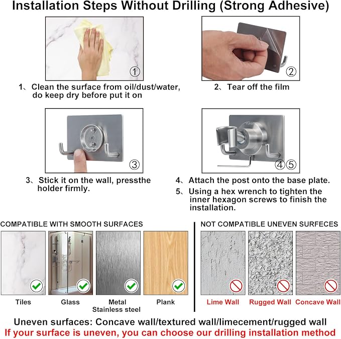 Shower Head Holder All Metal Strong Adhesive and Drilling Screws Two Installation Methods, Adjustable Handheld Shower Head Mount,Stainless Steel Hand held Showerhead Wand Bracket