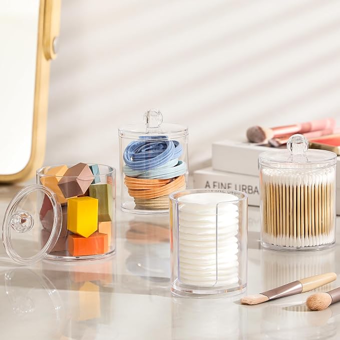 4 Pcs Acrylic Qtip Holder Dispenser for Cotton Swabs, Balls, Floss Picks | Thick, Highly Clear, w/ Labels - Small Canister Apothecary Jar Set, Bathroom Decor Essentials, Shelf Vanity Storage Organizer