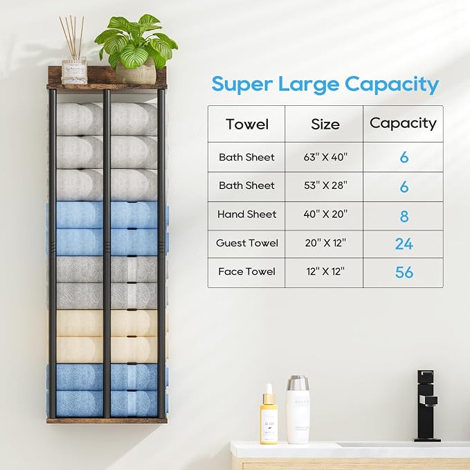 Towel Racks for Bathroom Wall Mounted with Wooden Storage Shelf | Updated 3 Bar Metal Towel Holder for Rolled Towels, Rustic Sturdy and Large Capacity, Towel Storage Organizer