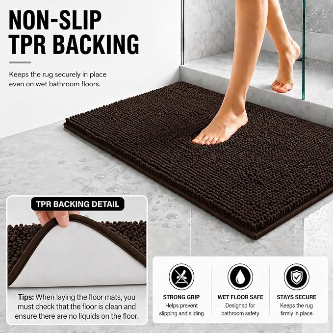 Bathroom Rugs Sets 2 Piece,Super Absorbent Soft,Thick,Machine Washable Chenille Bath Mat,Non Slip Toilet Floor Rug,Bath Mats for Bathroom,20x32 Plus 20x20 U Shape,Coffee