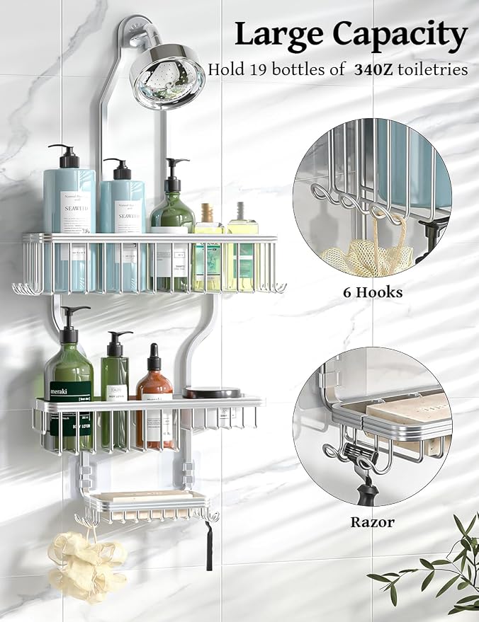 Never Rust Shower Caddy Hanging, Aluminum Shower Racks for Inside Shower, 3-Tier Shower Organizer Hanging Over Shower Head with Hooks and Soap Holder, Silver