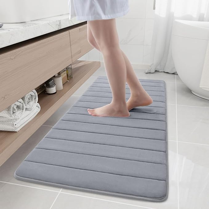 Buganda Memory Foam Bath Mat 55 x 24, Ultra Soft Absorbent Bathroom Rugs | Medium Grey, Machine Washable Quick Dry Bath Mats for Bathroom Floor, Shower and Tub, Home Decor Accessories