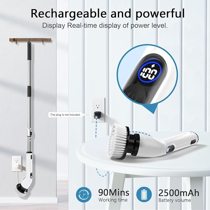 Electric Spin Scrubber,8 Replaceable Brush Heads for Home | IPX7 waterproof power scrubber with LCD display, multi heads, extendable handle, 90min runtime for bathroom kitchen glass car