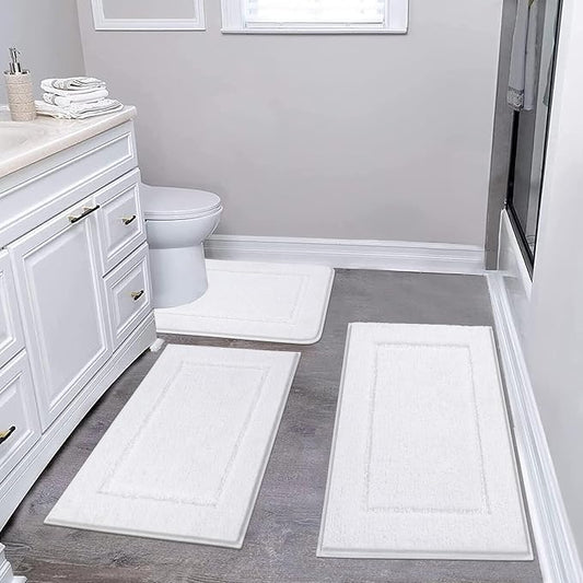 Pauwer 3 Piece Bathroom Rug Set, Non Slip Washable Bath Mat, White | Soft Plush Microfiber, Super Absorbent Floor Carpet, U Shaped Toilet Mats, Quick Dry, Shaggy Shower Rugs Runners