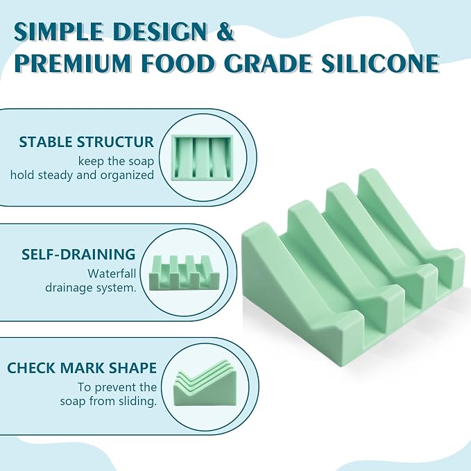 Self Draining Soap Dish Holder,Silicone Soap Dish,for Bathroom,Kitchen, Sponges，Can Extend Soap Life，Keep Soap Bars Dry and Easy Cleaning (Pink+Sea Blue,2-Pack)