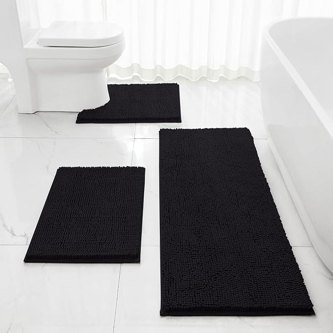 HOMEIDEAS Black Long Chenille Bathroom Rugs Set of 3, Non Slip Bath Mat | Super Absorbent, Soft Microfiber, Machine Washable, Stain Resistant, for Bathroom Decor