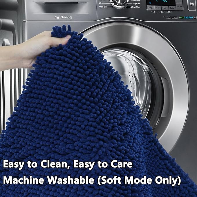 BOANKODU Bathroom Rug Sets 2 Piece, Non-Slip Soft Chenille Bath Mat, 32x20 + 20x20 Inch U Shape, Machine Washable (Navy Blue)