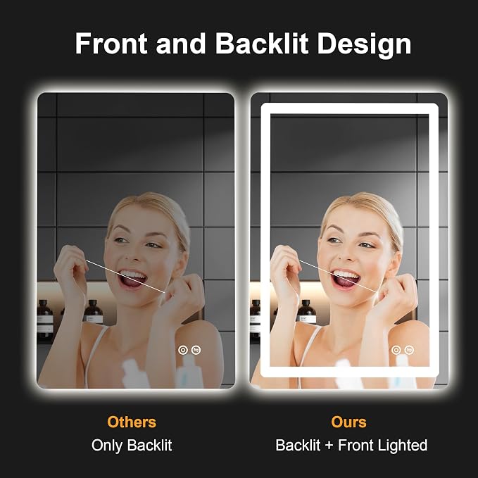 TRAHOME LED Bathroom Vanity Mirror with Lights, 20"x30" Lighted Wall Mirror | Front and Backlit, Anti Fog, Dimmable 3 Color Lighting, Memory Function, Shatterproof Glass, Plug in or Hardwired