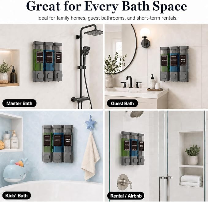 Shampoo and Conditioner Dispenser – Wall-Mounted Shower Soap Dispenser, No-Drill Installation, Lockable, 900 ml Capacity,for Bathroom & Hotel or Airbnb (Gun Gray, 3-Pack)