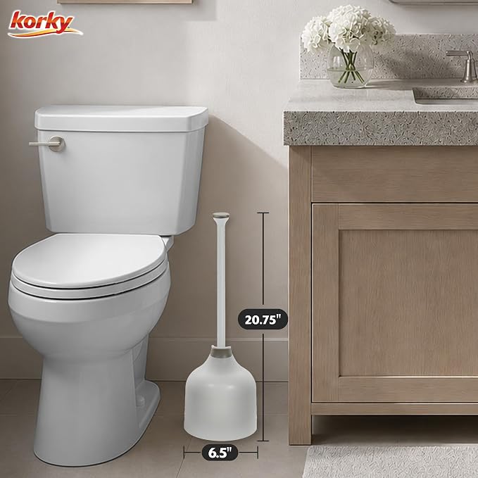 Korky White Toilet Plunger and Holder – Fast Clog Removal - Made in USA