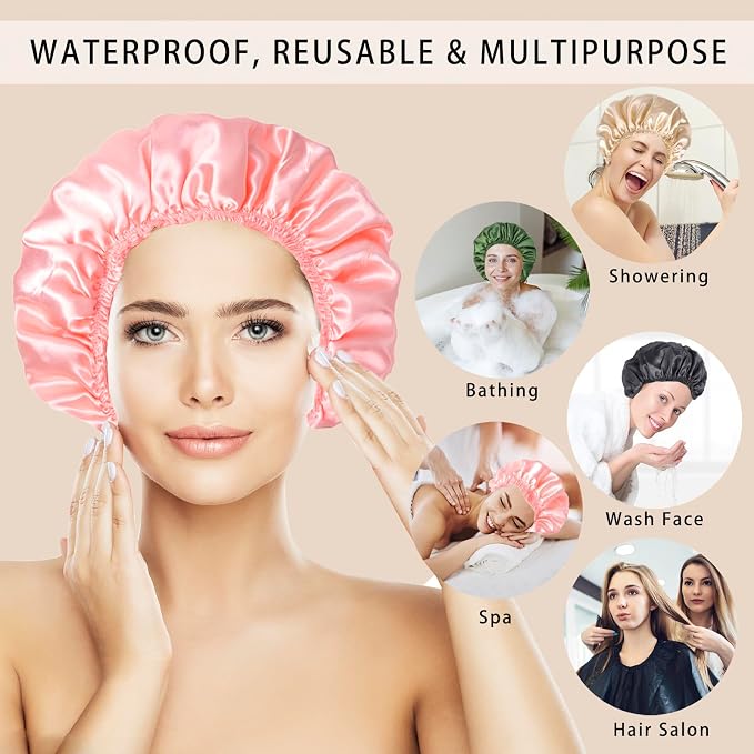 Shower Caps for Women, 4 PCS Reusable Waterproof Bath Cap | Double Layer, Washable, Wide Elastic Band, Holds Long Hair, Caps for Bath Accessories, Spa, Travel Home - Solid Color B