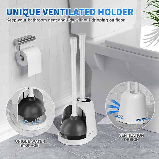 Toilet Plunger and Brush, 2 Pack Bowl Brush and Heavy Duty Toilet Plunger Set with Ventilated Holder, 2-in-1 Toilet Brush and Plunger Combo for 5.3-inch Toilet Drain Bathroom Cleaning