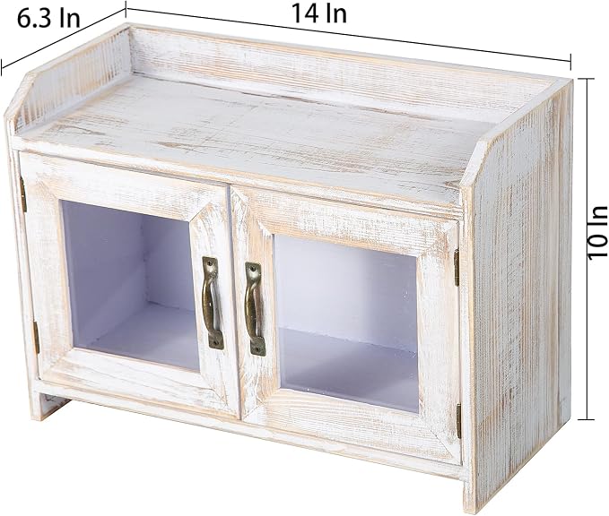Rustic White Wood Counter Top Storage Cabinet Organizer Shelf Glass Window Doors Wooden Caddy Kitchen Bathroom Tabletop Vanity Chest Antique Farmhouse Style Mini Closet Box Rack Home