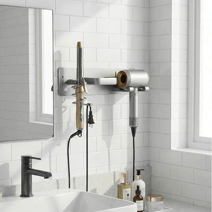 Hair Dryer Holder Hair Tool Organizer Metal Wall Mount (Silver) | Heat Resistant Hair Tool Organizer, Metal Wall Mount Storage, Bathroom Counter Space Saver, Blow Dryer Holder