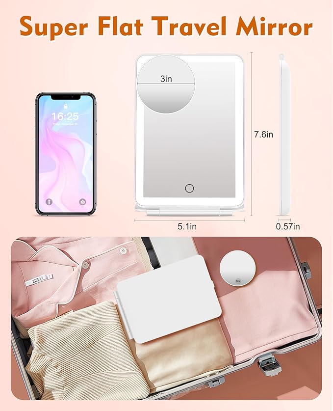 FUNTOUCH Rechargeable Travel Makeup Mirror with Lights 10X Magnifying | Portable Lighted Vanity Mirror with 80 Led,2000mAh Battery,3 Color Lighting,Touch Dimming,Tabletop Light up Mirror