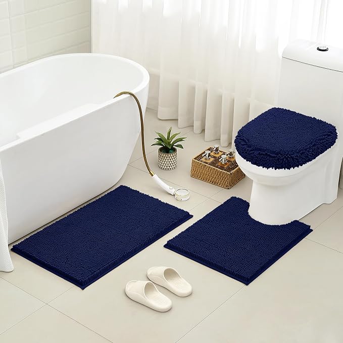 HOMEIDEAS 3 Pieces Navy Blue Bathroom Rugs Set, Ultra Soft Non Slip Bath Rug and Absorbent Chenille Bath Mat, Includes U-Shaped Contour Rug, Bath Mat and Toilet Lid Cover, Perfect for Bathroom, Tub
