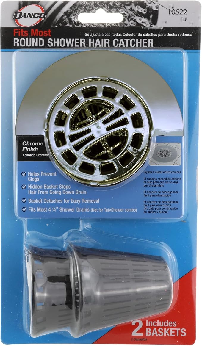 Danco Snap-in Shower Drain Cover with in-Drain Hair Catcher, 4-1/4" Round, Chrome Strainer, (10529)