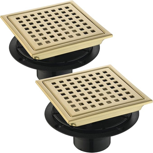 6 Inch Set of 2 Shower Drain 304 Stainless Steel ， Brushed Gold Square Shower Floor Drain Kit with Flange, Removable Cover Grille, Hair Filter for Bathroom, Kitchen, Balcony