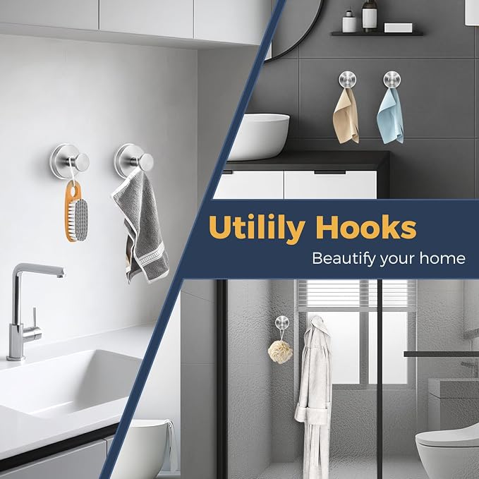 Large Suction Cup Hooks for Shower,Glass Window&Door,Mirror,Reusable Shower Hooks,No-Drill Removable Towel Hooks for Bathroom,2 Packs(Brushed Silver)
