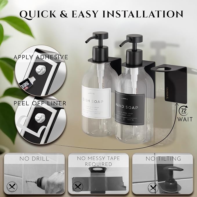 Shower Shampoo Dispenser Wall Mounted – 3 Refillable 16.9 oz Clear Bottles with Stainless Steel Pumps & No-Drill Adhesive Holders – Soap Dispenser Set for Bathroom (3 X Clear/Black)