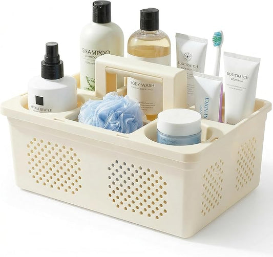 KMV Dorm Room Portable Shower Caddy with Adjustable Compartments - Ventilated Drainage Design with Handles, Perfect Toiletries Organizer for College Dorms-beige