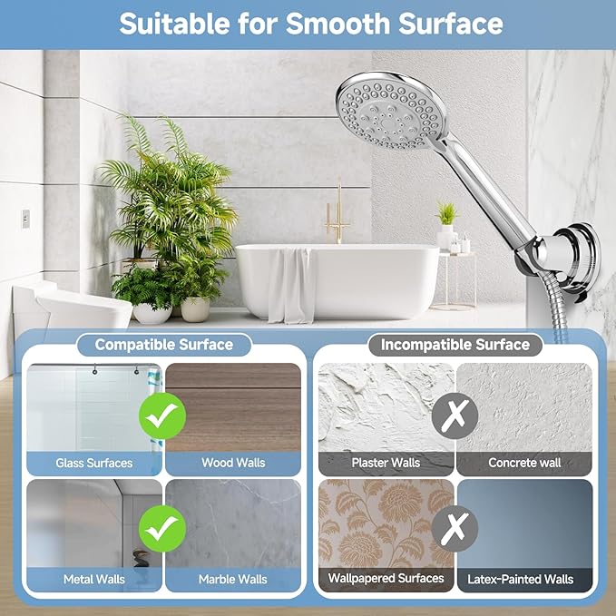 Suction Shower Head Holder, Removable Wall-Mount Handheld Shower Holder, No-Drill Adjustable Chrome Suction Cup 5-Angle Tilt & 360° Swivel