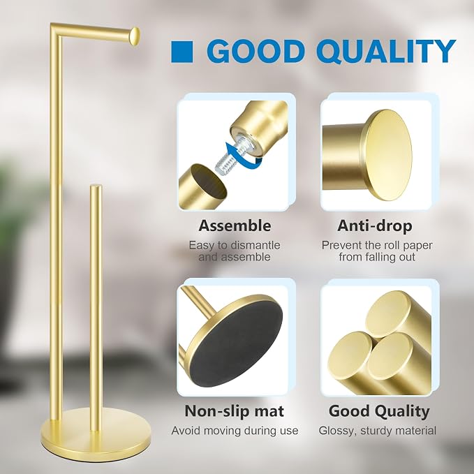 Toilet Paper Holder Stand, Gold Toilet Paper Holder Free Standing | Toilet Paper Holder for 4 Rolls, Bathroom Organizers and Storage with Anti-Slip Base and Rustproof