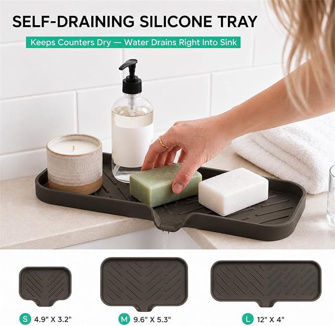 MicoYang Silicone Soap Dish with Drain Spout — Self-Draining Double Sink Organizer Tray for Kitchen & Bathroom, Dispensers, Sponges & Soap Holder, Non-Slip & Dishwasher Safe, Coffee (Large, 12"×4")