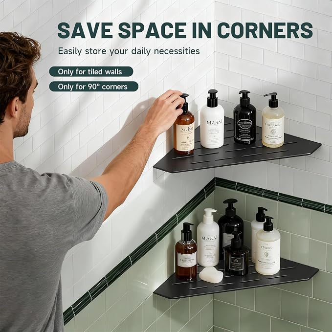10" Corner Shower Shelf, Recessed Corner Shelves, 304 Stainless Steel Slot Design Bathroom Shower Shelves for Tiled Wall, 2 Pack, Matte Black