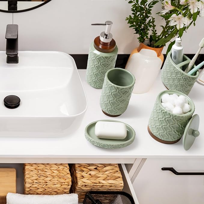 RQYIXI Ceramic 5-Piece Bathroom Accessories Set,Green,with Cotton Swab Jar | ceramic and wood embossed design modern countertop organization
