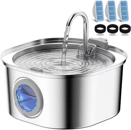 PEKTACO Stainless Steel Cat Water Fountain, 3.2L/108oz with 3 Filters | Cat water dispenser, dishwasher safe, with triple filtration, quiet pump, and visible water window for cats and small pets