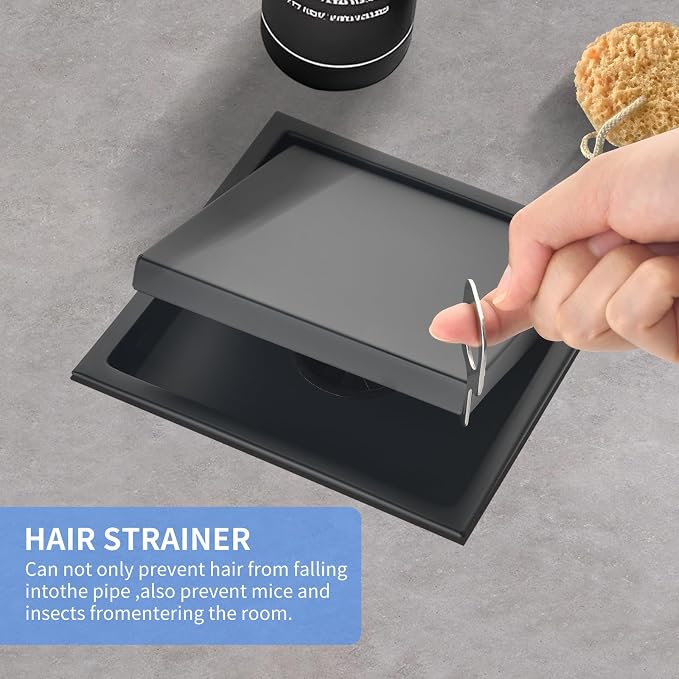 6-Inch Square Shower Drain, Matte Black Floor Drain with Flange, 304 Stainless Steel Bathroom 2-in-1 Tile Drain
