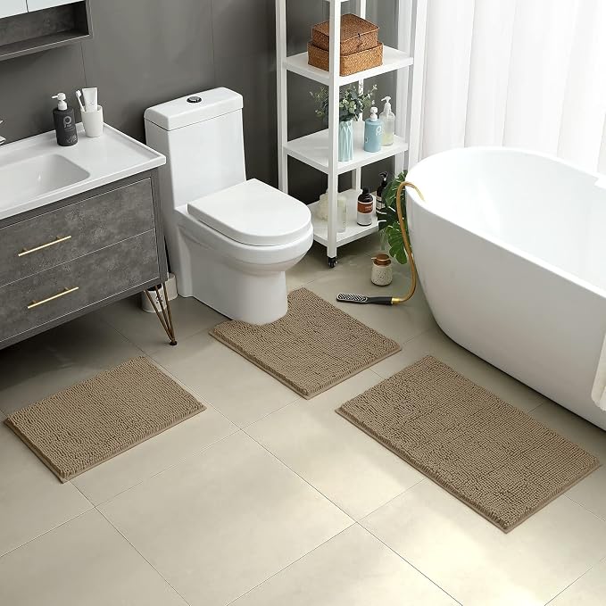 HOMEIDEAS Taupe Chenille Bathroom Rugs Set of 3, Non Slip Bath Mat | Super Absorbent, Soft Microfiber, Machine Washable, Stain Resistant, for Bathroom Decor