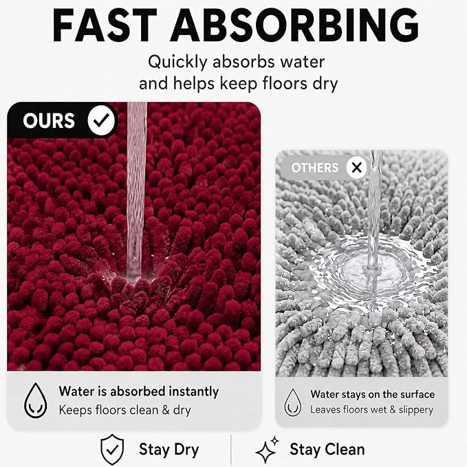 Bathroom Rugs Sets 2 Piece,Super Absorbent Soft,Thick,Machine Washable Chenille Bath Mat,Non Slip Toilet Floor Rug,Bath Mats for Bathroom,20x32 Plus 20x20 U Shape,Burgundy