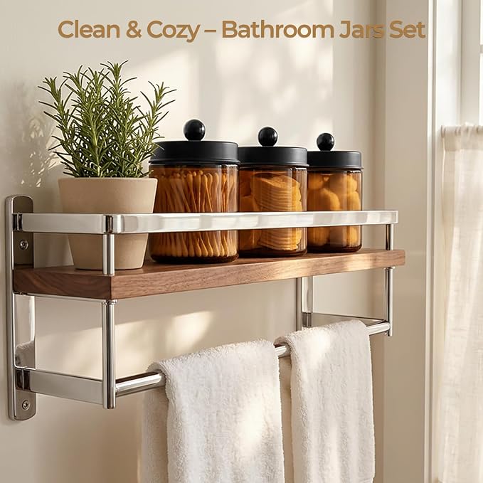 Amolliar 2Pc Glass Qtip Dispenser Holder Bathroom Vanity Storage Organizer Set -Countertop Canister with Metal Lids &Stickers Apothecary Jars for Cotton Swab, Floss Picks(Amber-black Lid)