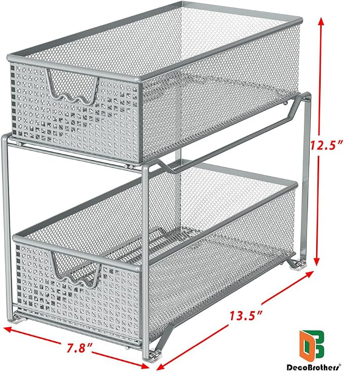 DecoBrothers 2 Tier Bathroom Storage Organizer with Pull-Out Drawer, Silver