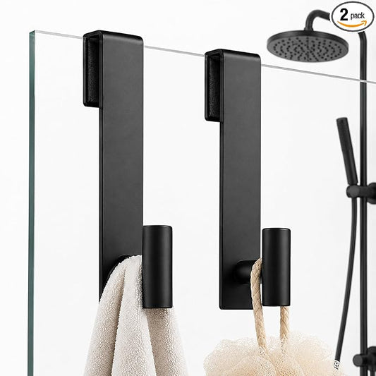 Shower Door Hooks, Over The Glass Shower Towel Hook, Black, 2 Pack | Stainless Steel, Heavy Duty, Easy Installtion, Slim Design, Soft Padding, Towel Hooks For Glass Shower Door